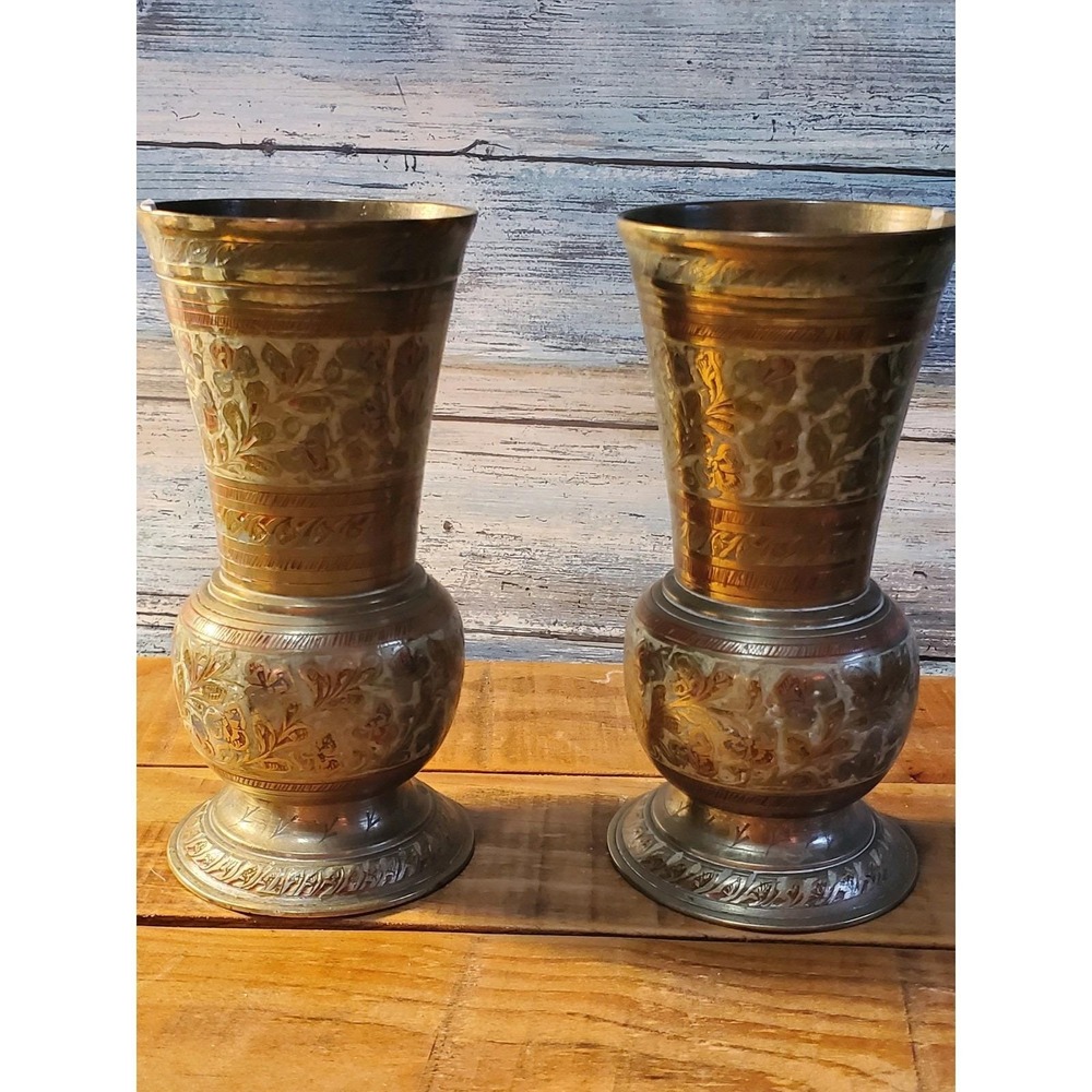 Brass Vases Set Enamel Etched Hand Painted Design Old World Inspired Avant-Garde